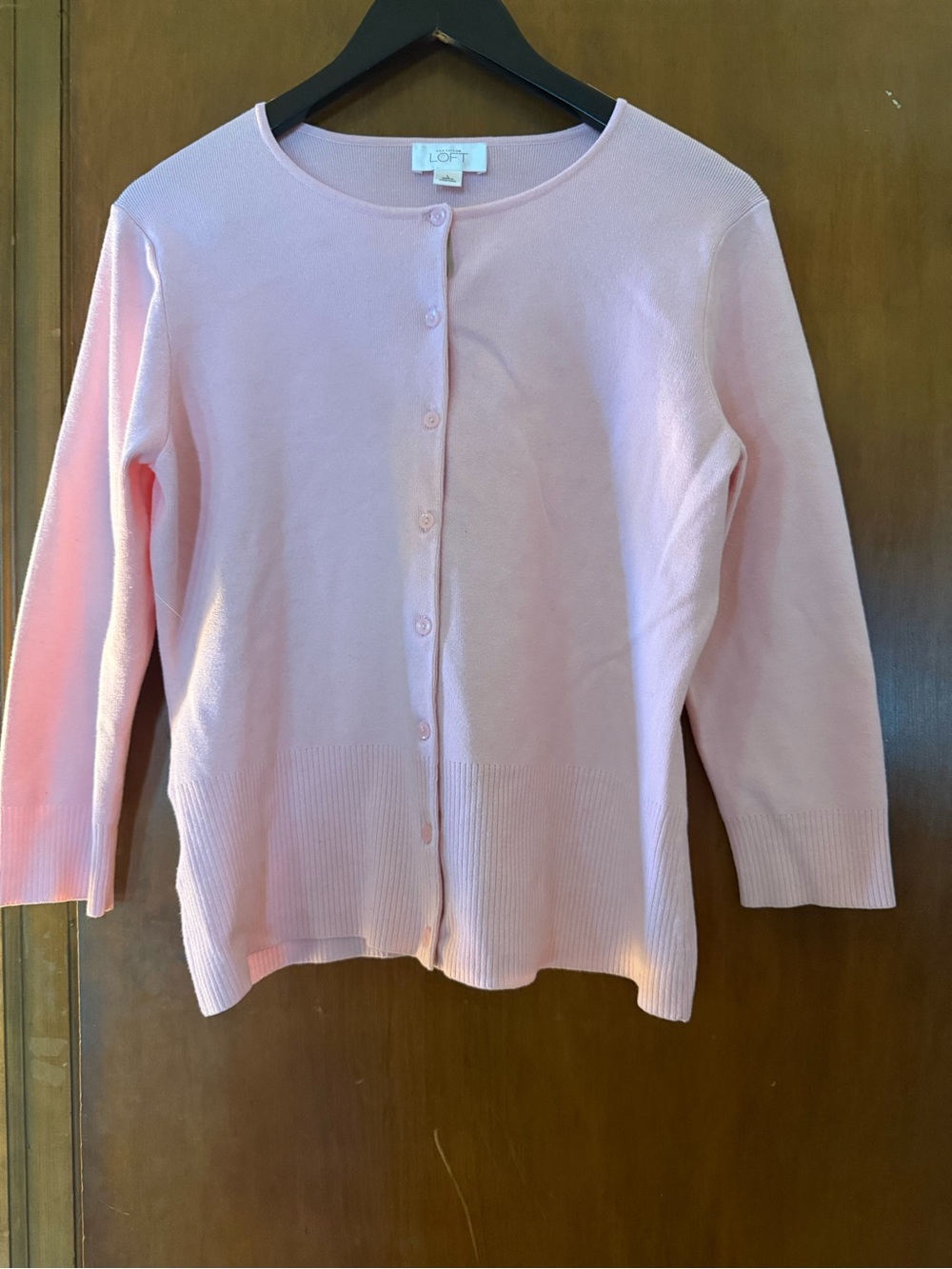 LOFT Light Pink Crewneck Button-Front Cardigan